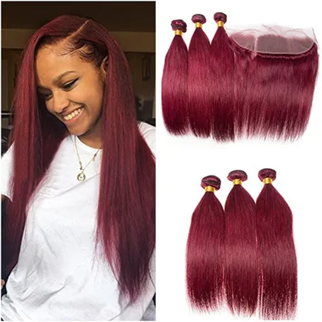 Brasilianskt vin Rött humant hår 3 buntar handlar om frontal rak # 99J Burgundy Red Hair Weave buntar med 13x4 full spets frontlin