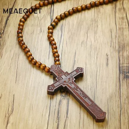 Katholisches Kreuz Rosenkranz Unisex Halskette, Naturholz