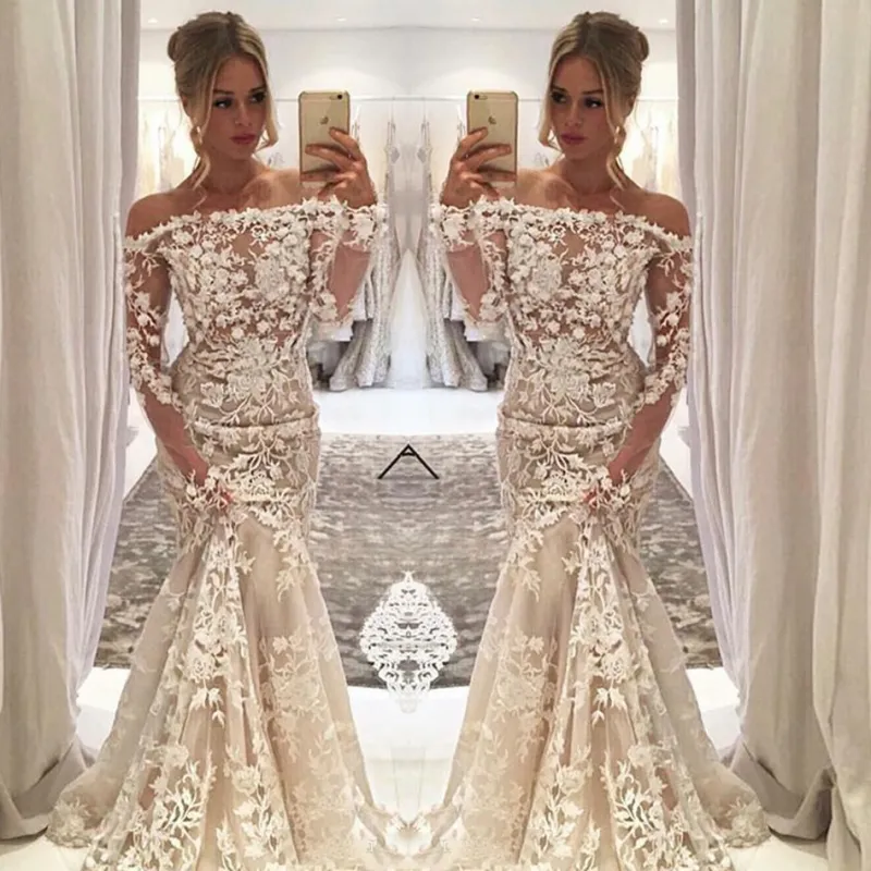 Amazing See Through Off The Shoulder Wedding Dresses Sexy Sheer Long Sleeves Lace Appliques Bridal Gowns Mermaid Arabic Women Wedding Dress