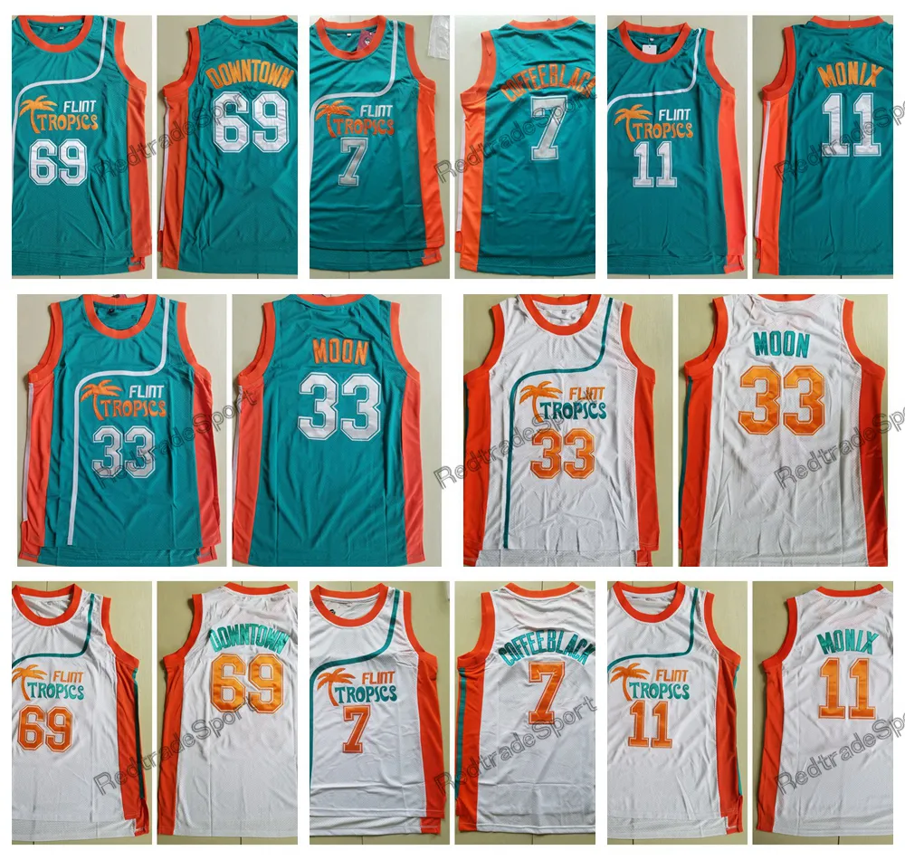 Мужские баскетбольные майки Flint Tropics Semi Pro 33 Jackie Moon 11 Ed Monix 7 Coffee Black 69 Downtown Funky Stuff Malone Сшитые рубашки бирюзовый зеленый S-XXL