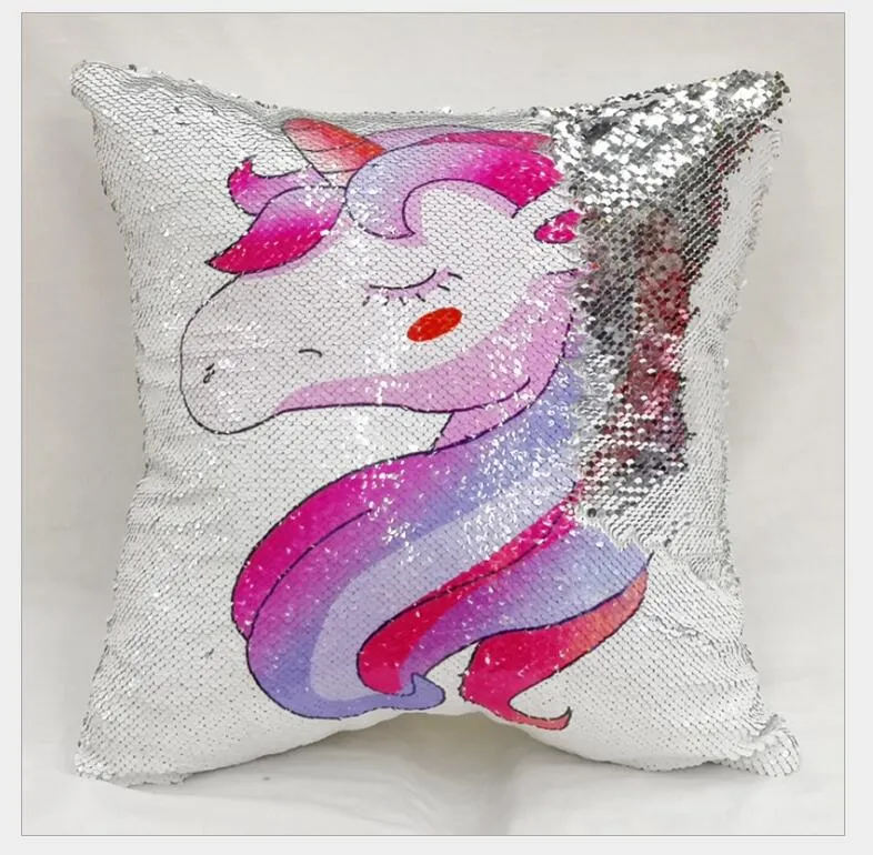 Unicorn Magic Reversible Sequins Pillow Case Cushion Cover 40 * 40cm Dekorativa sjöjungfrun kuddar för soffan heminredning