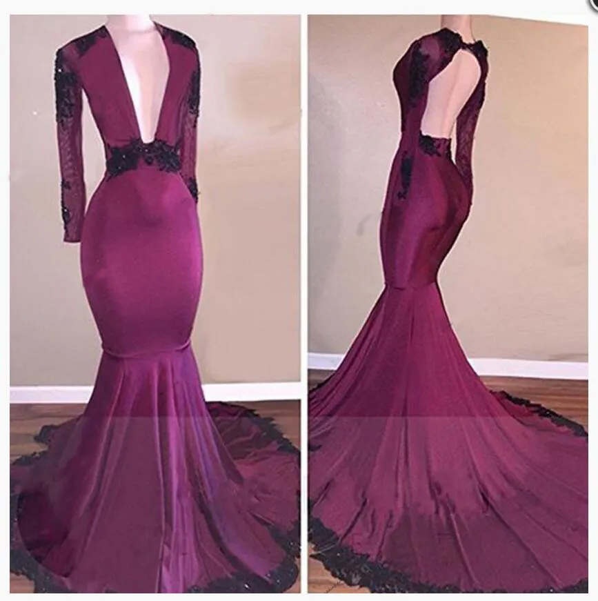 2019 Sexy Burgundy Uva Mermaid Adustri da ballo nero Applicate maniche lunghe che immergono a V Nero ragazze africane abiti da sera africani 8021985