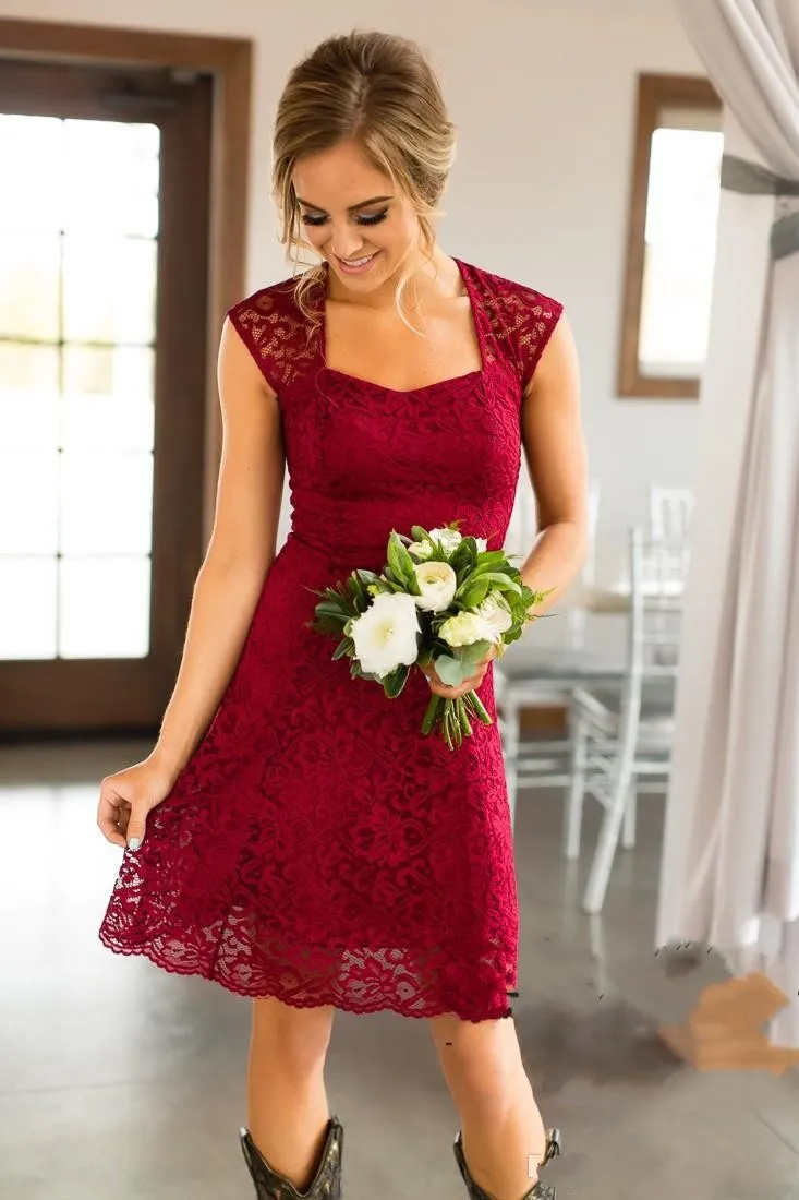 2018 Full Lace short burgundy bridesmaid dresses with Sleeves and Open Back - Navy Blue/Burgundy Plus Size Formal Gown for Weddings