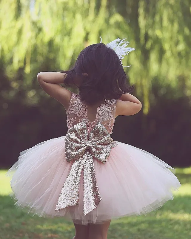 Abiti corti da ragazza di fiori feste di matrimonio in campagna Abiti da cerimonia compleanno di bambini carini con fiocco rosa con paillettes girocollo in pizzo