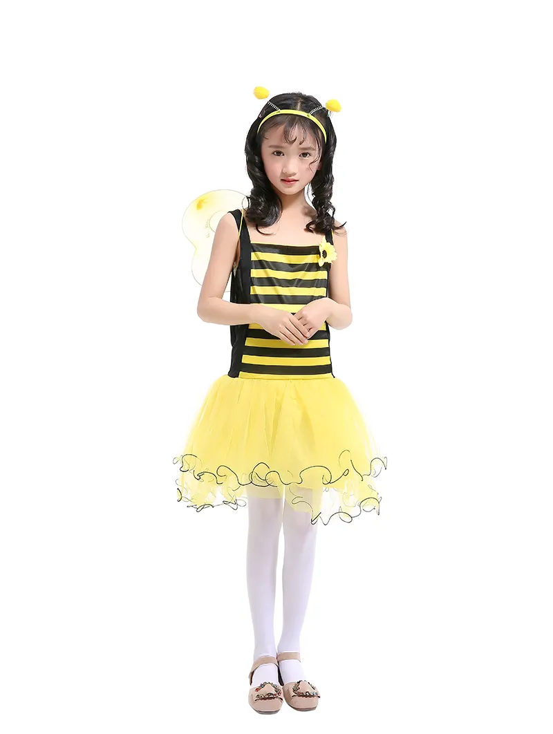 Little Bee Girls Siling Dress Yellow Yarn Patchwork Tutu Gonna con Yellow Wing + Headband Princess Dress Suits Costume bambini di Halloween