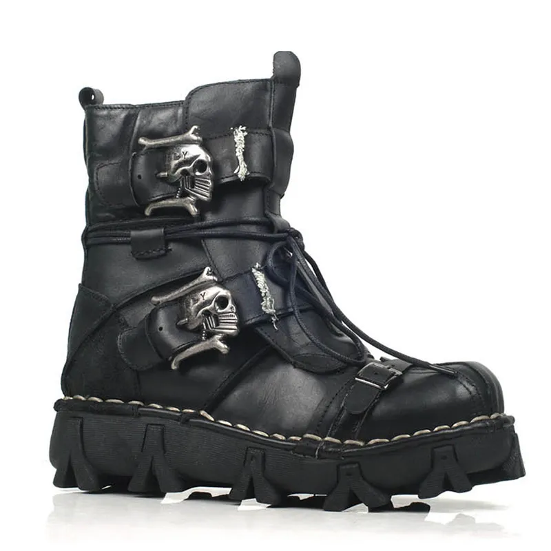 Nouveau 2018 Cheville Limitee En Cuir Veritable Bottes Haute Qualite Hommes chaussures En Metal Boucle Punk Male Moto Bottes A Lacets Grande Taille