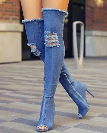 2018 denim jeans peep toe kvinnor lår höga stövlar sexiga cutout höga klackar gladiator sandaler sommar stövlar över knä motorcykel stövlar