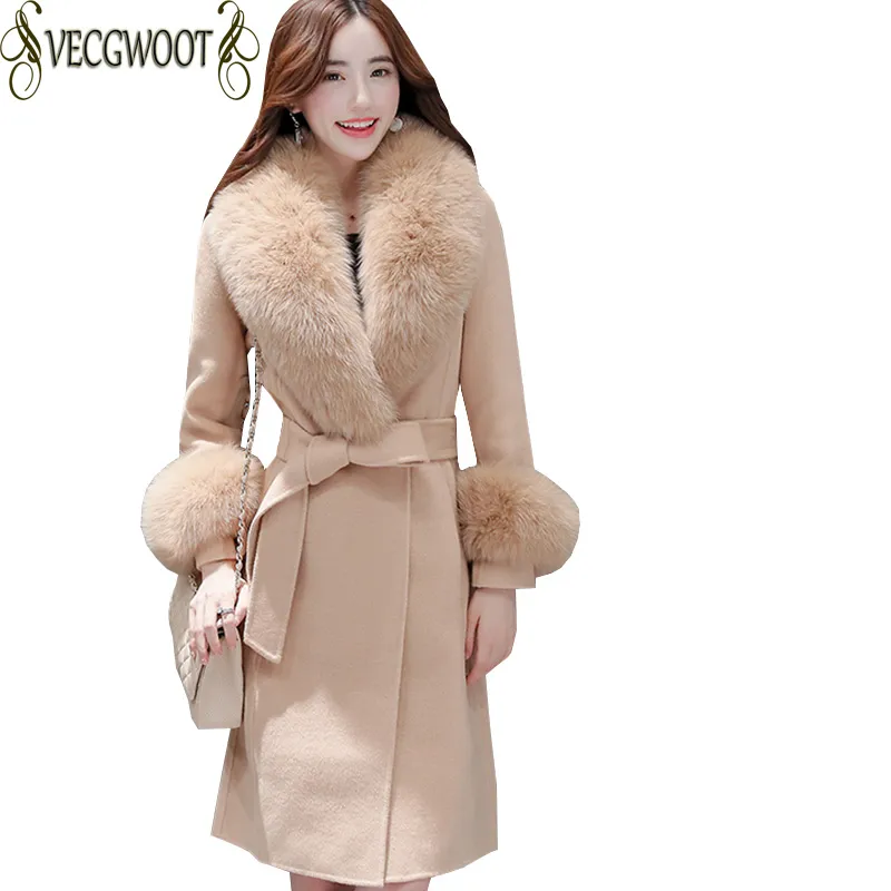 2018 nouveau automne/hiver veste en laine femmes mince ceinture longue laine manteau femmes col en fourrure grande taille vêtements d'extérieur femme X802