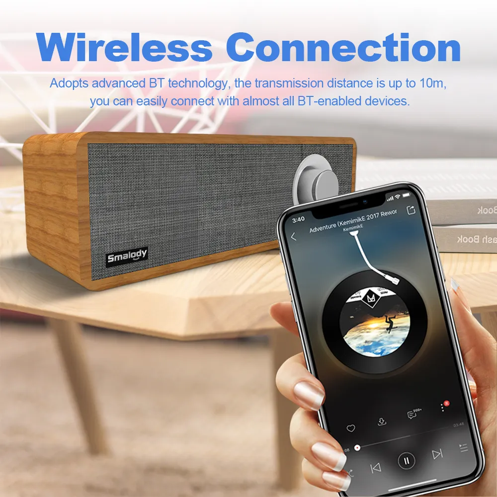 Smalody SL-50 Wireless Bluetooth Speaker 8W Portable Wooden Soundbar Strong Bass Sound Box Music Subwoofer For Tablet Laptop PC