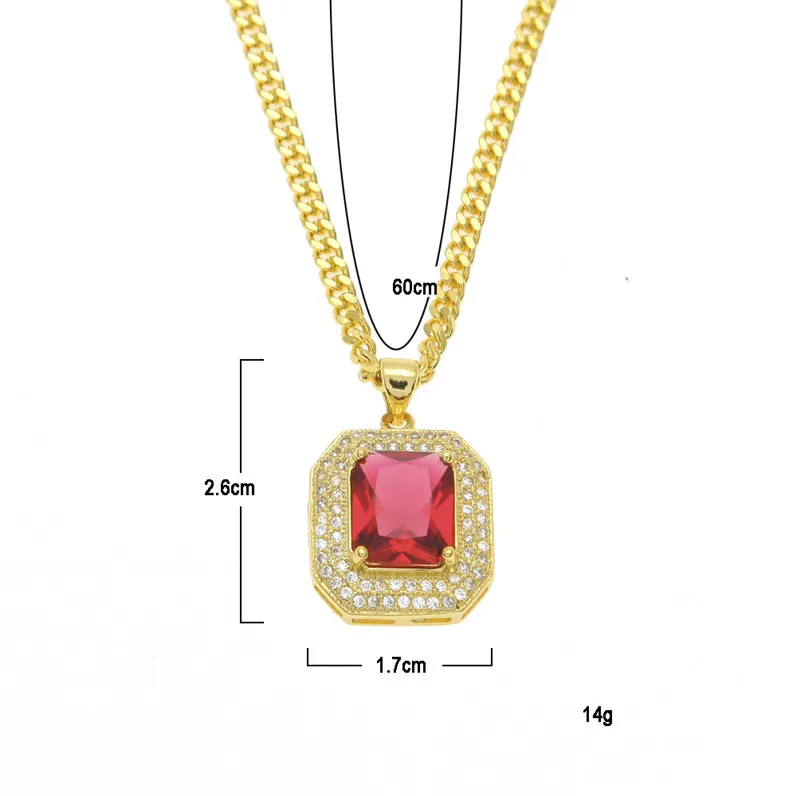 Nouvelle mode 18 carats plaqué or chaîne cubaine et synthétique Mini rouge bleu Bling Ruby pendentif collier hommes femmes Hip Hop collier bijoux