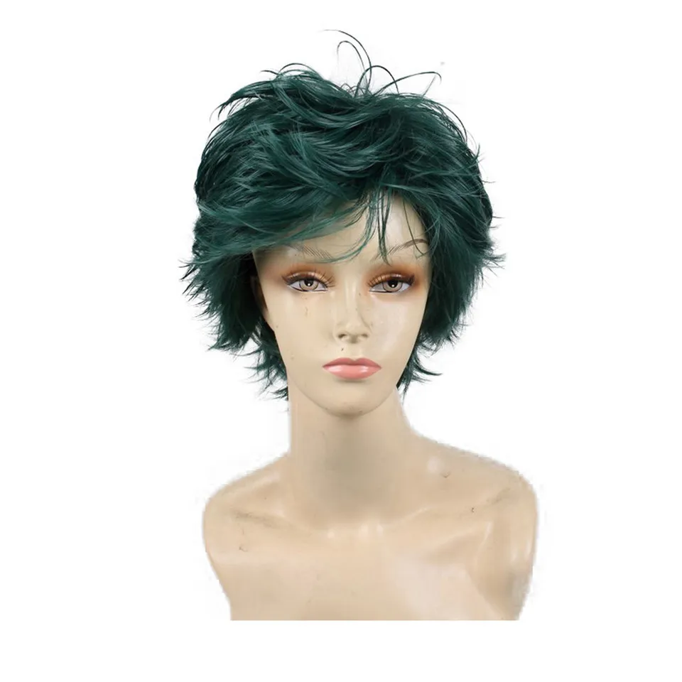 Dark Short Green Anime Cosplay Wig of valgus 6 Inch Heat Resistant Both Men's and Women's Full Synthetic Wigs