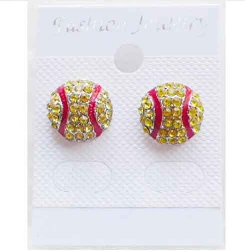 package waterproof high qulity Softball Earrings Stud Crystal Rhinestone Post Silver Bling Yellow Fastpitch 14mm Sport and Fashion