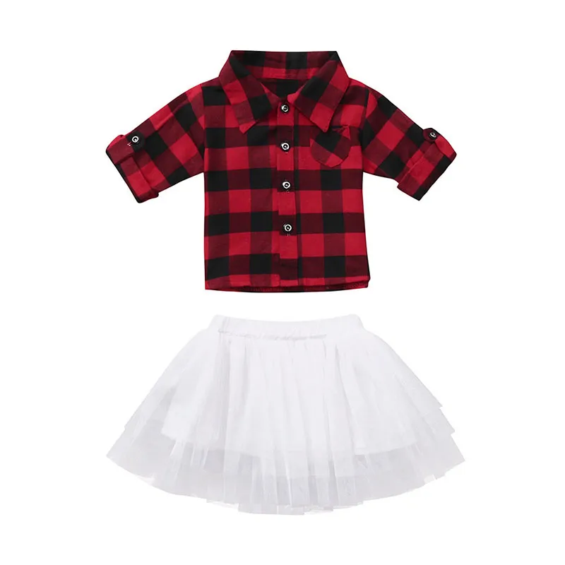 Boże Narodzenie Baby Girls Stroje Niemowlę Czerwona Czarna Plaid Top + Tutu Koronki Spódnice 2 sztuk / Set Moda Jesień Xmas Dzieci Kraty Odzież Ustawia C5377