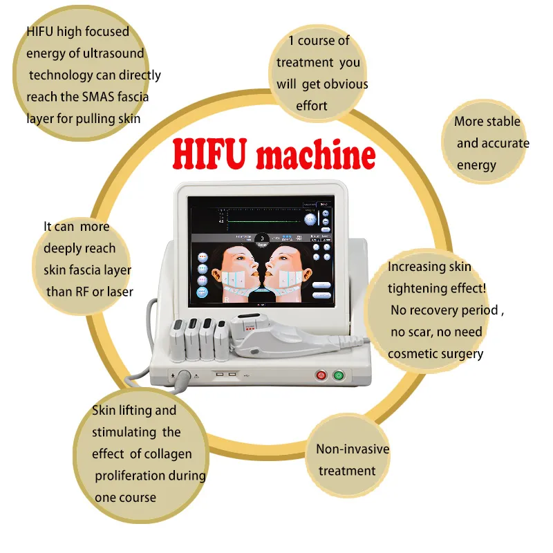 2023 HIFU Wrinkle Borttagning HIFU Machine för salong Högintensitet Fokuserad ultraljudskavitation HIFU -patron Beuaty Equipment Gratis fartyg