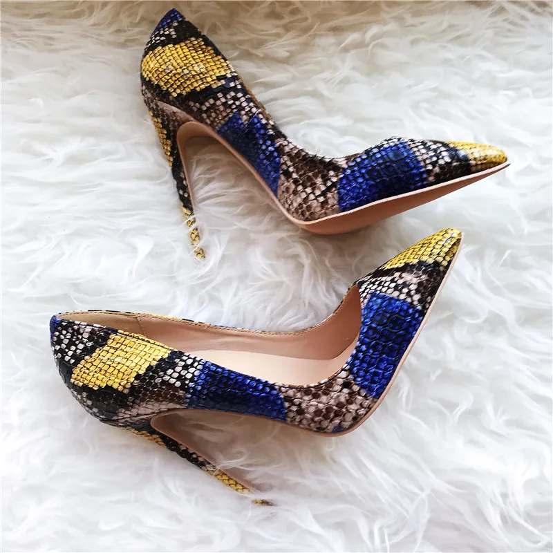 Darmowa Wysyłka Moda Kobiety Pompy Sexy Lady Blue Yellow Drukowane Snake Python Prawdziwe Skórzane Point Półce High Heels Buty Corn Heeled 120mm 100mm