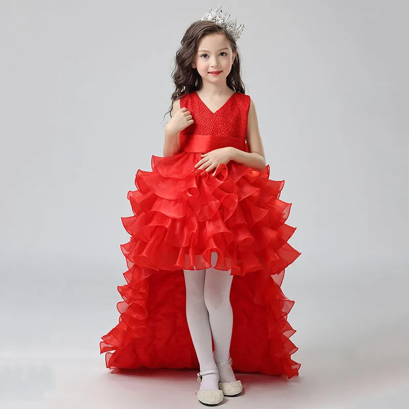 Freie Fracht Tailed Pure Girl's Pageant Dresses Color Girl Stage Dress And Trailing Tail Host Lace Bow Princess Dresses HY085