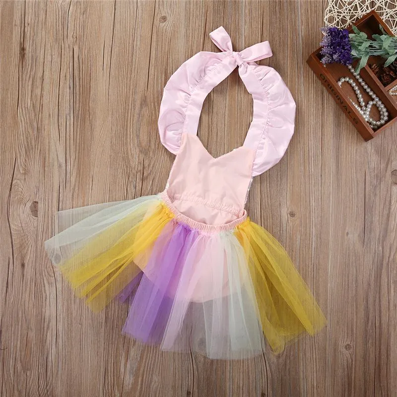 INS Unicorn Paillettes Baby Girl Princess Tutu Dress Arcobaleno Colore Pizzo Boutique pagliaccetto Toddler Abbigliamento festa nuziale Fiore ragazze Abiti