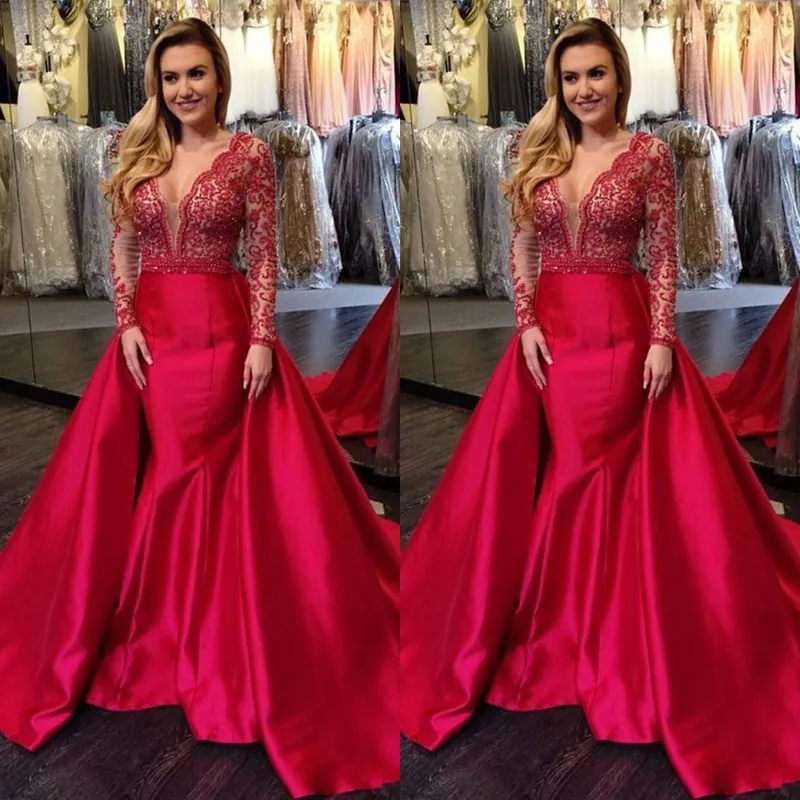 Nuovo designer 2018 raso sirena gonna oversize abiti da sera tacchino pizzo appliqued manica lunga abiti da ballo scollo a V abito da festa in rilievo