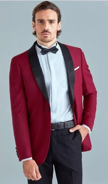 Yüksek Kalite Bir Düğme Şarap Düğün Damat Smokin Şal Yaka Groomsmen Erkek Akşam Yemeği Blazer Suits (Ceket + Pantolon + Kravat) No: 1783