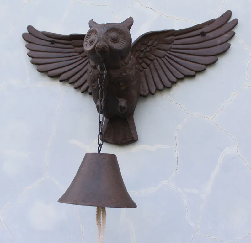 Large Cast Iron Owl Bell Home Decor Patio Garden Door Porch Cabin Lodge Welcome Dinnerbell Big Metal Animal Decoration Country Brown Wall Mount Antique