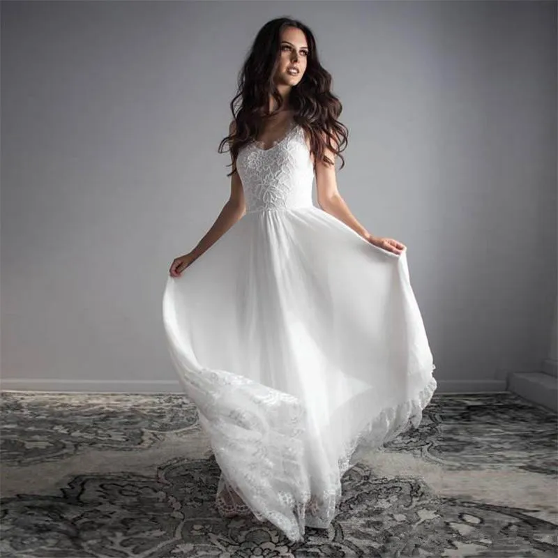 2019 koronkowe sukienki ślubne Paski Spaghetti Szyffon boho sukienki ślubne Długość podłogi Plus Size Wedding Gowns