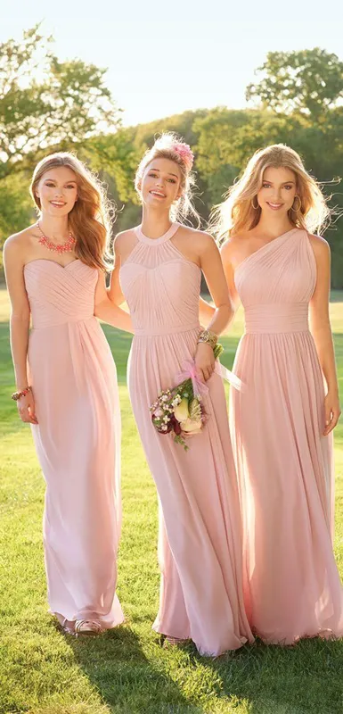 Vestidos de dama de honra de chiffon de renda longa rosa plissados estilo misto dama de honra formal babados de honra de empregada doméstica217R