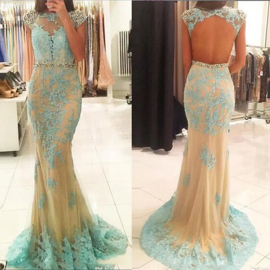 Aqua Blue Mermaid Evening Gown: Open Back Crystal Applique, Long