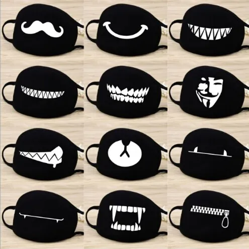 Moda Cartoon Wzór Solidna Czarna Bawełniana Twarz Maska Cute 3D Druku Pół Twarzy Usta Muffle Maski Party Maski Outdoor Rowerowa Maska