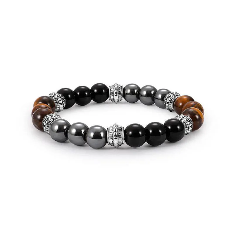 Pulseras de piedra Natural con dijes, cuentas de corona negras plateadas de alta calidad, pulseras para hombres, pulsera de cuentas para mujeres y hombres