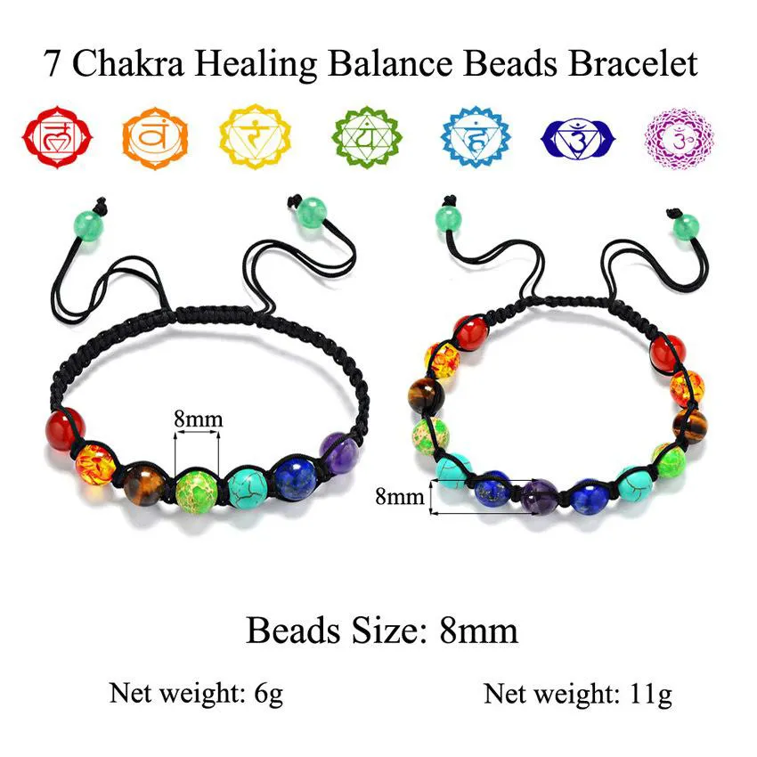 Bracelets de perles de pierres précieuses en cristal 7 Bracelet tissé à la main en pierre naturelle arc-en-ciel de sept couleurs Chakra