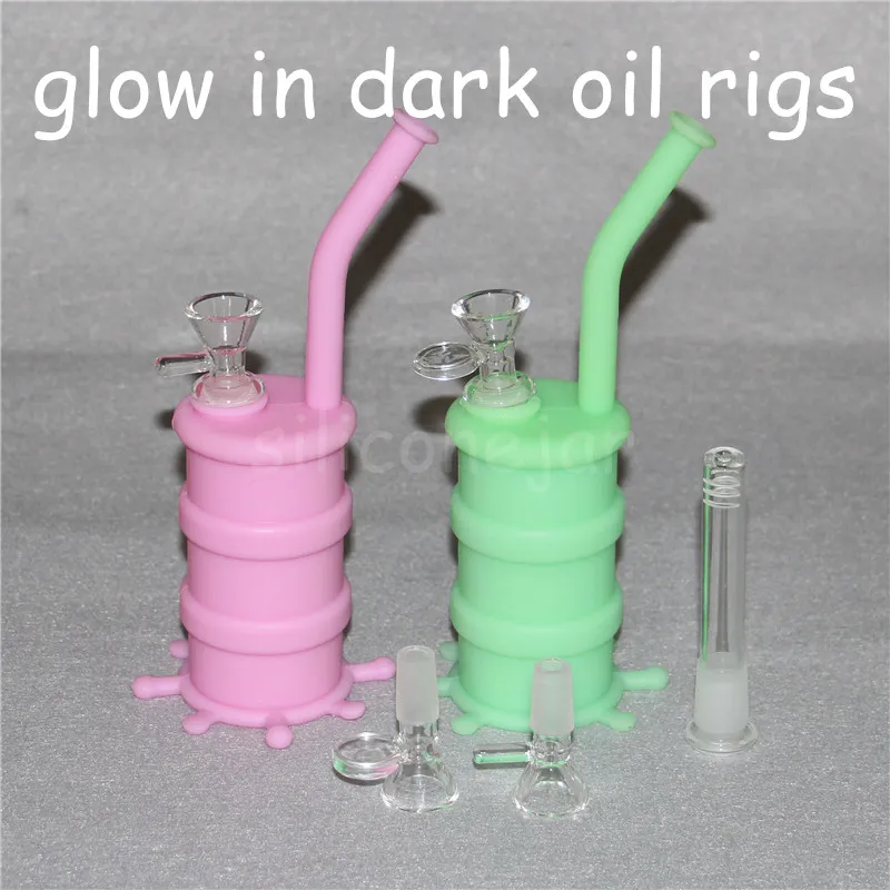 Im Dunkeln leuchtende Silikonöl-Dab-Rigs-Bubbler mit klarem 14-mm-Glaskopf und Silikonölfass-Rigs mit Glasstab