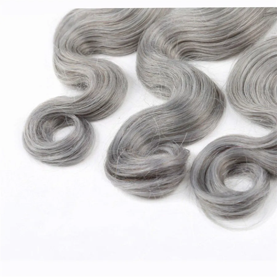 Armadura brasileña del cabello humano de la onda del cuerpo 3 paquetes paquetes de cabello humano gris con cierre pelo virgen gris plateado 44 cierre superior 9370094