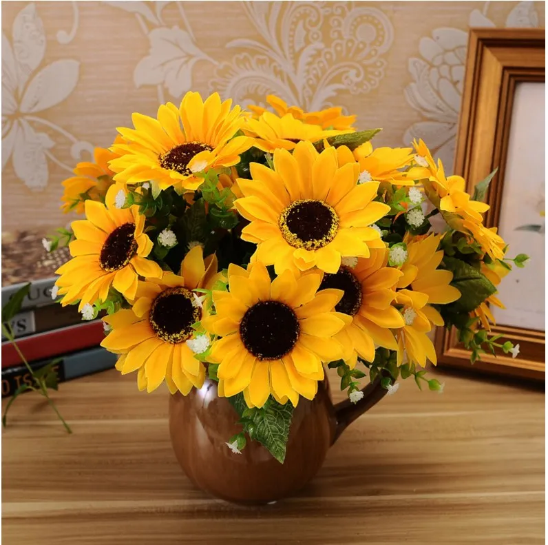 Dulce flor artificial 1 manojo 7 cabezas flor de seda girasoles mesa fiesta decoración hogar decoración ramo JM0065 envío gratis