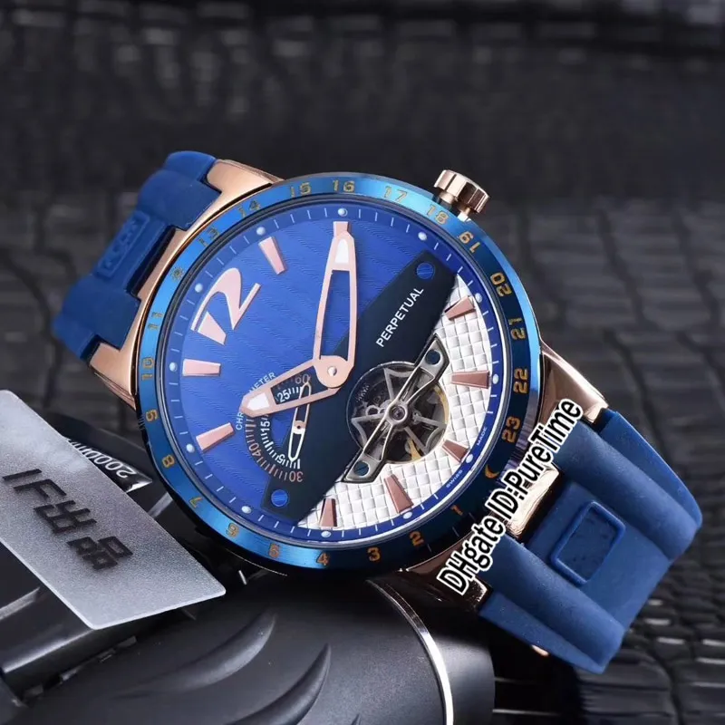 Yeni Yönetici Gül Altın Beyaz / Mavi Dial Otomatik Tourbillon Mens İzle Mavi Kauçuk Kayış Spor Saatler Yüksekliği Kaliteli Puretime UN-B115b2