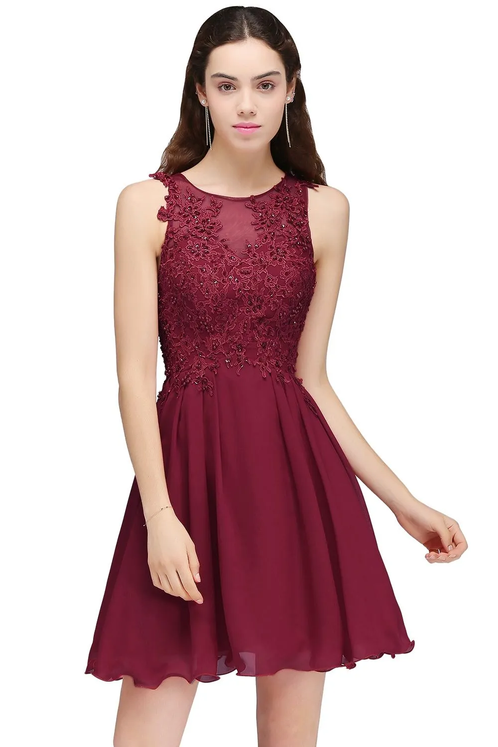 Burgundy Lace Beaded A Line Chiffon Short Homecoming Dresses Cocktail Party Dresses For Young Girls Jewel Neck Graduation Gowns HY208