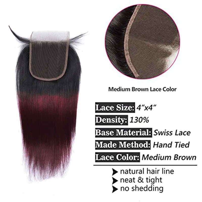 Braziliaanse Ombre Bordeaux Menselijk Haar Bundels Met Sluiting Gekleurde 1B/99J Braziliaanse Straight Virgin Hair Weave Extensions Met vetersluiting