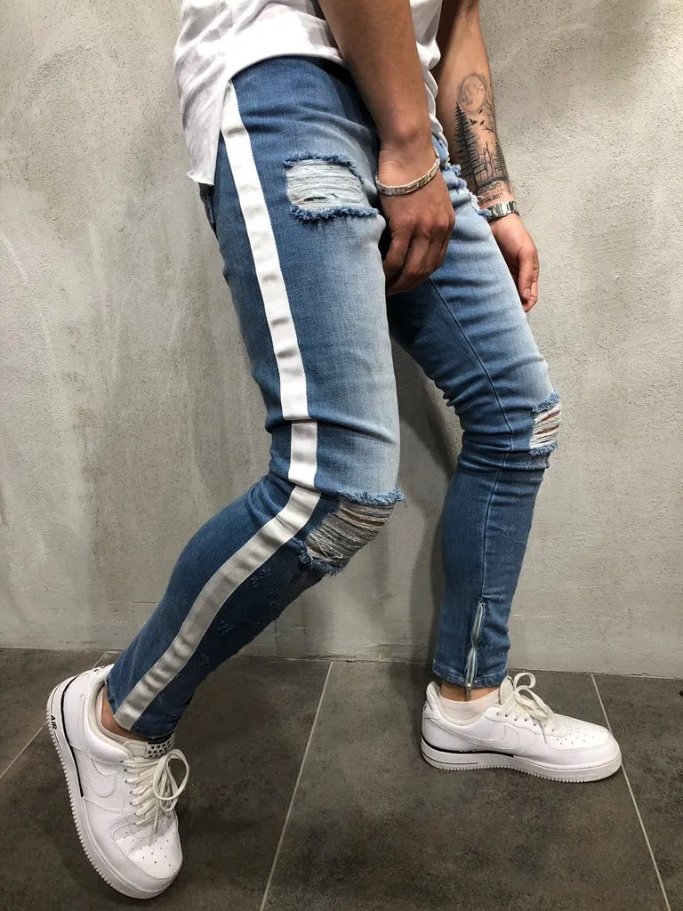 2018 nieuwe knie gat side jeans rits slanke noodlijdende jeans mannen gescheurde streetwear hiphop voor mannen slanke streep broek