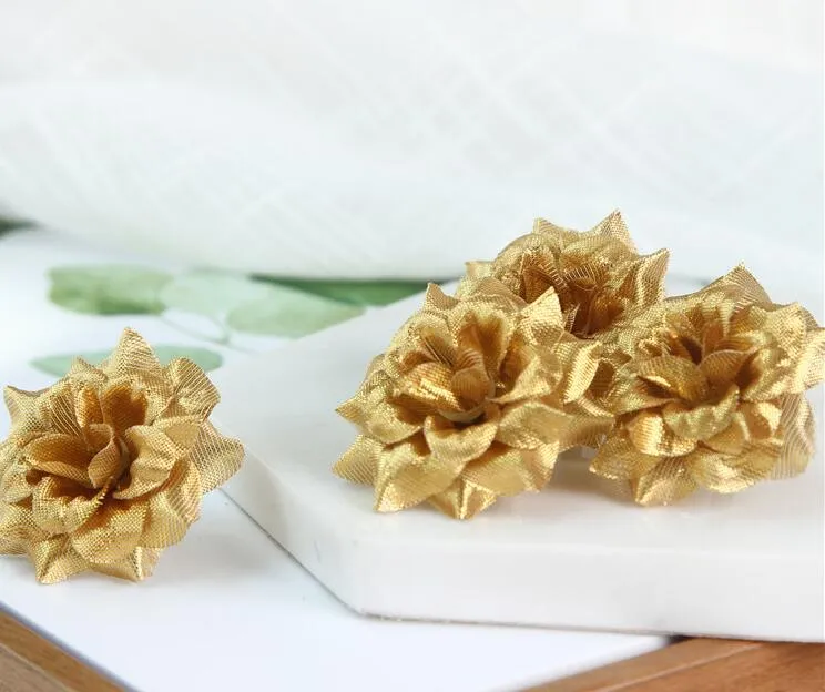 3 Layer Gold Handmade Mini Artificial Silk Rose Flowers Heads DIY