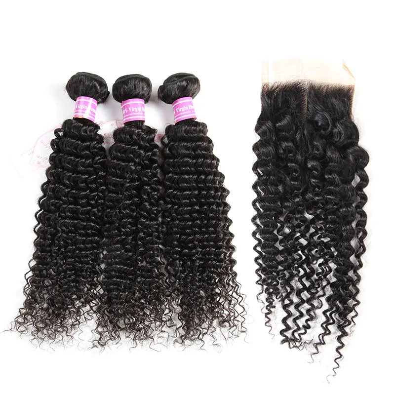 Brazilian Virgin Kinky Curly Human Hair Bundles With Closure Unprocessed Water Deep Wave Bundles With Lace Frontal Ramy Hair Extensions