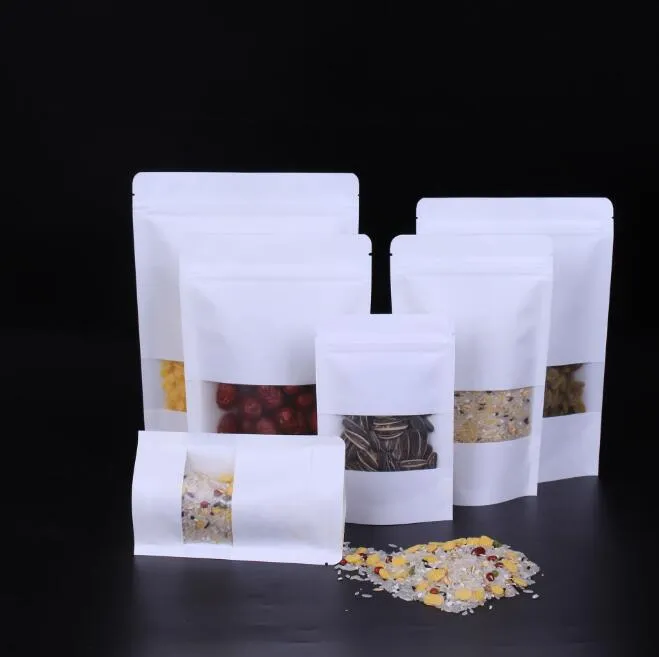 Sacchetti di carta Kraft bianchi Stand up Pouch Con borsa finestra al dettaglio Commestibile A prova d'umidità Snack Cookie Beans Sacchetto di imballaggio caramelle