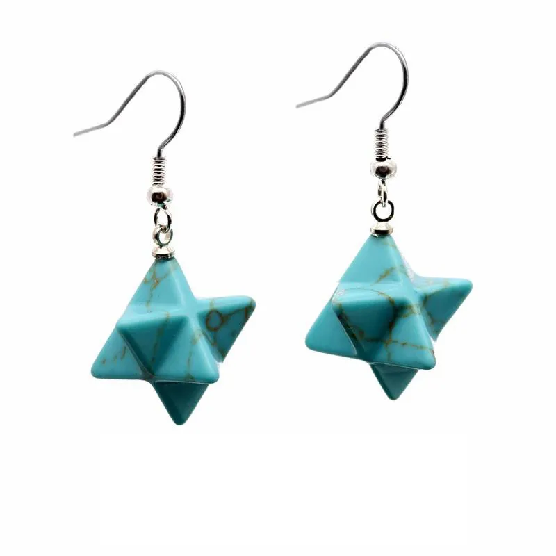 New Natural Gem Stone Merkabah Star Drop Earrings for Girl Opal Pink Crystal Lazuli Polyhedral Reiki Eardrop Jewelry