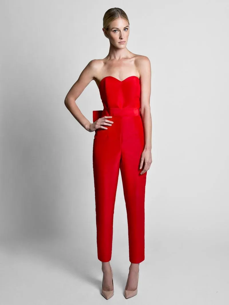 Stijlvolle rode jumpsuit prom jurken Sweetheart Strapless satijnen tailleband zwart witte bruiloften gastjurk avondjurken verwijderbaar sk8594793