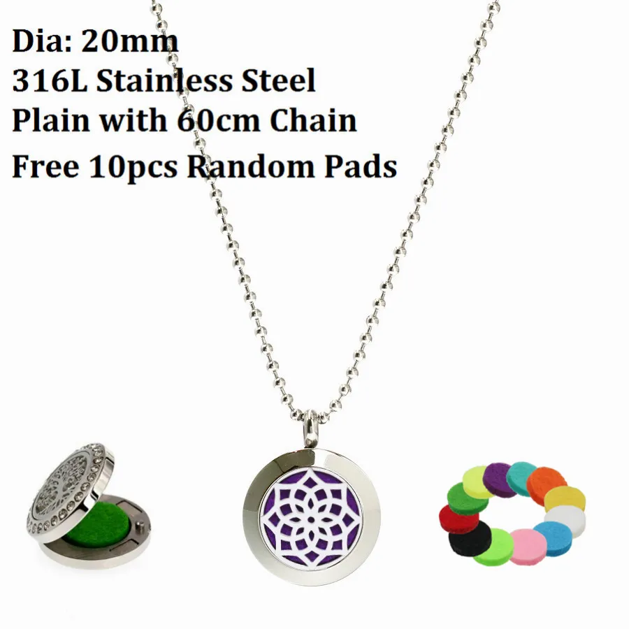 Lotus Flowers Plain 20mm magnet Stainless Steel Essential Oil Perfume diffuser Necklace with 60cm length chain10p free pads