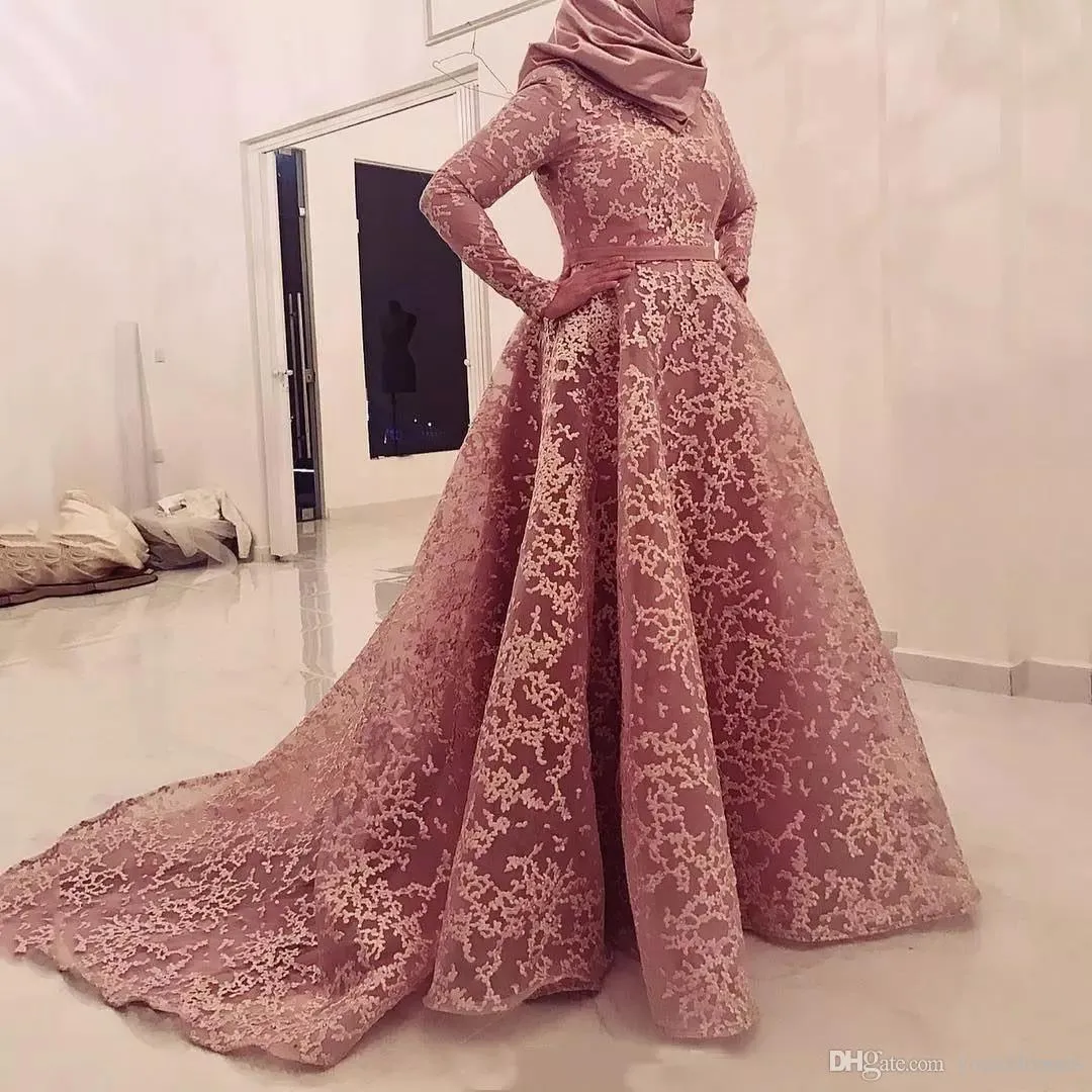 Modest Arabic Muslim Long Sleeve Formal Evening Dresses Pink High