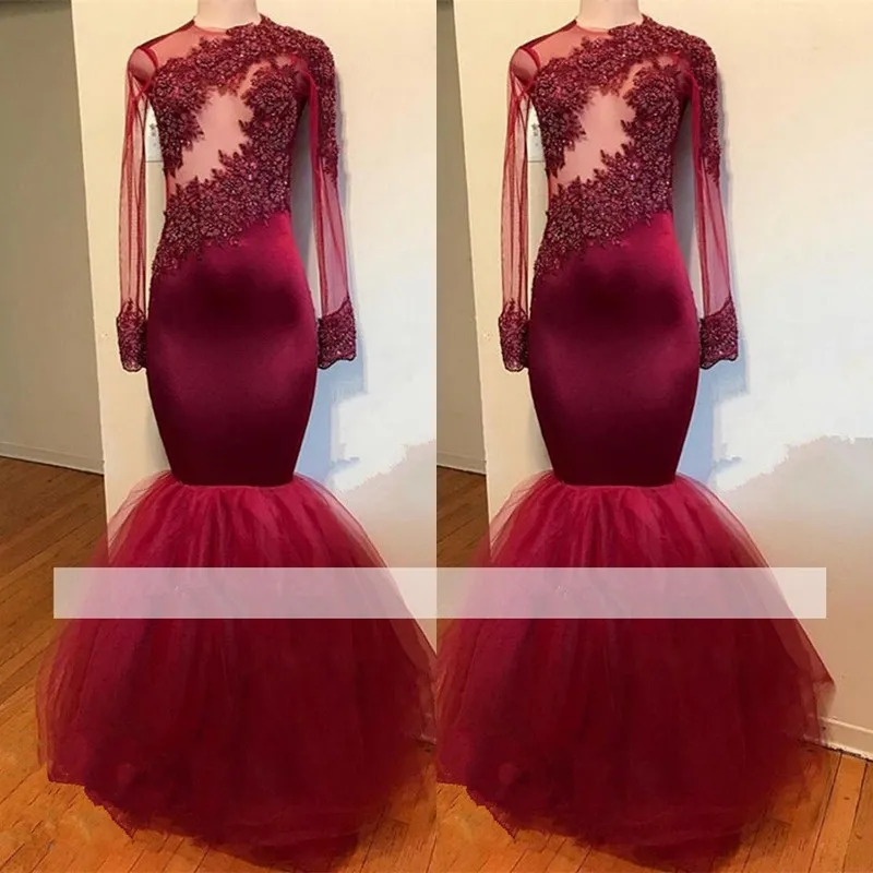 Burgundy 2018 Cheap Prom Dresses Mermaid Long Sleeves Tulle Lace Beaded Applique Party Gown Sexy Plus Size Evening Dresses Robe De Soiree