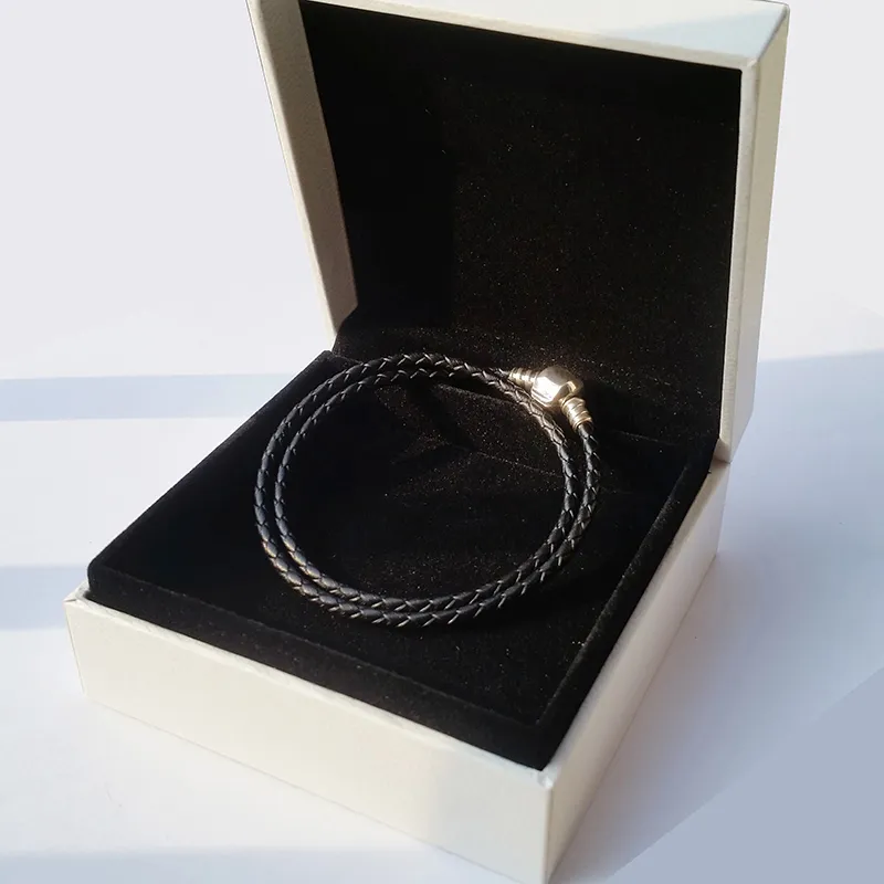 Braccialetto da donna in vera pelle nera a doppio strato in vero argento sterling 925, adatto charms Pandora, gioielli da uomo, braccialetto da uomo