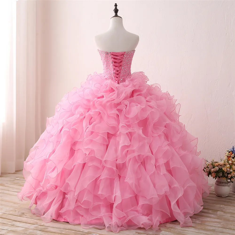 2018 New Arrived Real Photo Sexy Pink Crystal Ball Gown Quinceanera Dress with Beading Sequin Sweet 16 Dress Vestido Debutante Gowns BQ127