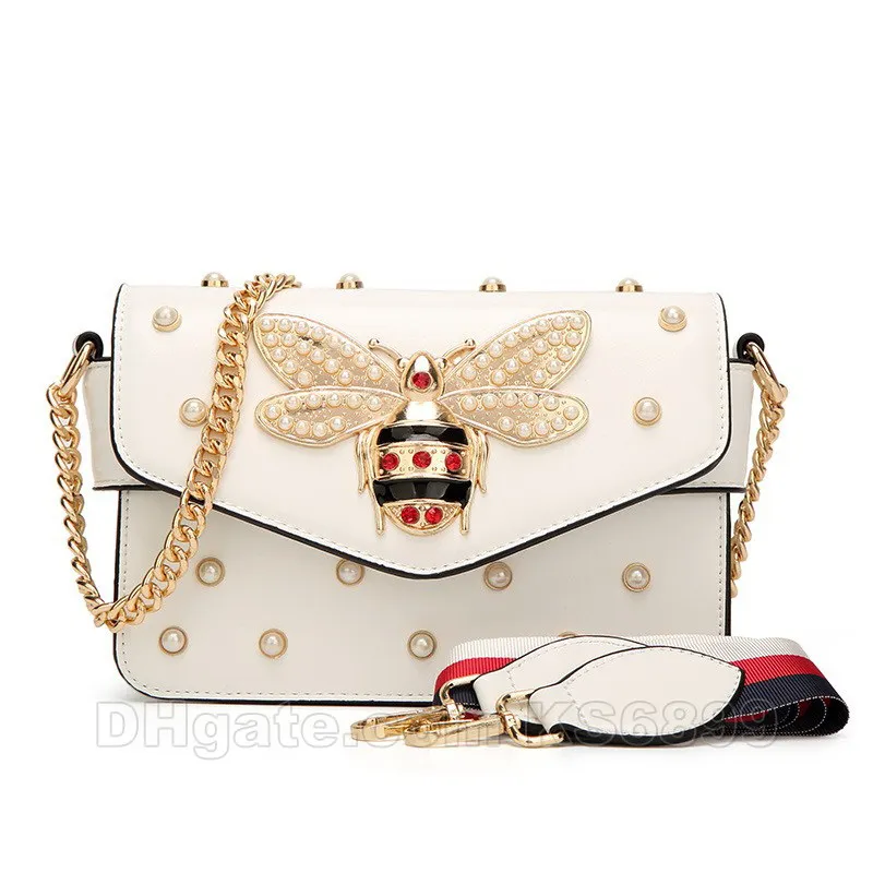 Women Handbag Lovely Rhinestone Chain Bag Elegant Woman Bee Pearl Decorative Leather Shoulder Bags Womens Small Square Bags