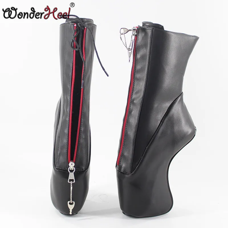 Wonderheel neue super hohe Ferse 7 "Keile Ferse YKK gesperrt Reißverschluss matt schwarz sexy Fetisch Schnürung gekrümmte Ferse Knöchel Ballett Stiefel