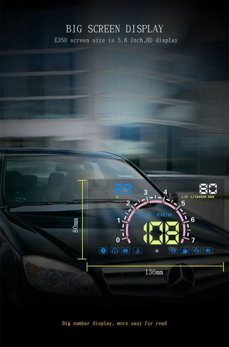 Obd2 fordon universal head up display multifunktion bil instrumentbräda HUD med 5,8 tum färgglad skärm, bränsleförbrukning hastighet rotation spänningsvattentemp och larm